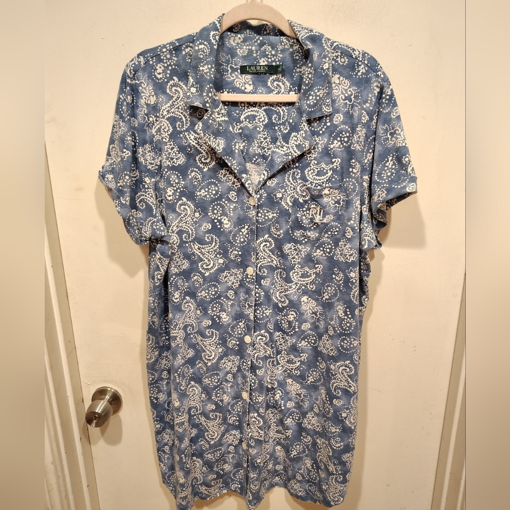 Lauren Ralph Lauren Blue Paisley Short Sleeve Cotton Pajama Shirt